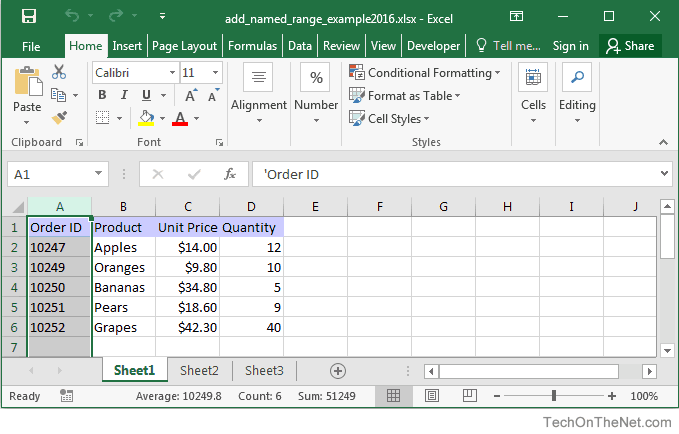 MS Excel 2016: Add a Named Range