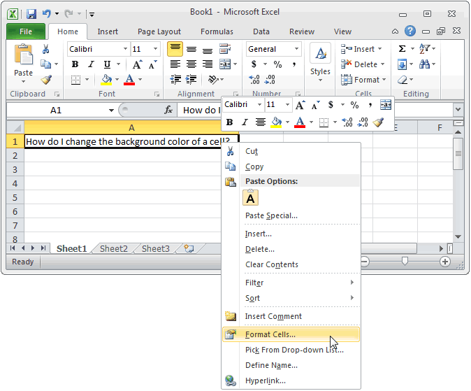MS Excel 2010: Change the background color of a cell