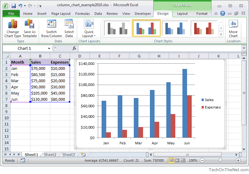 MS Excel 2010: How to Create a Column Chart